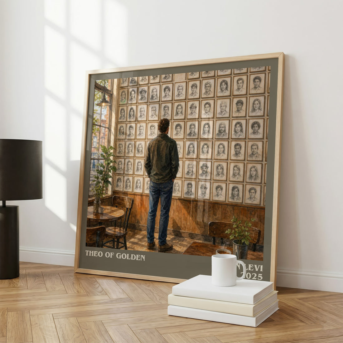Theo of Golden Literary Art Print by Allen Levi – large square framed print leaning against a wall