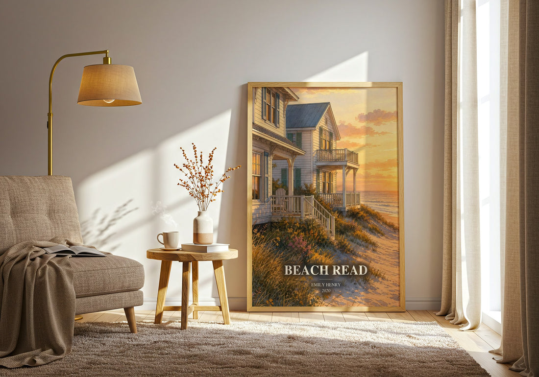 Beach Read watercolour print in frame leaning in hallway – romance wall art (mockup)