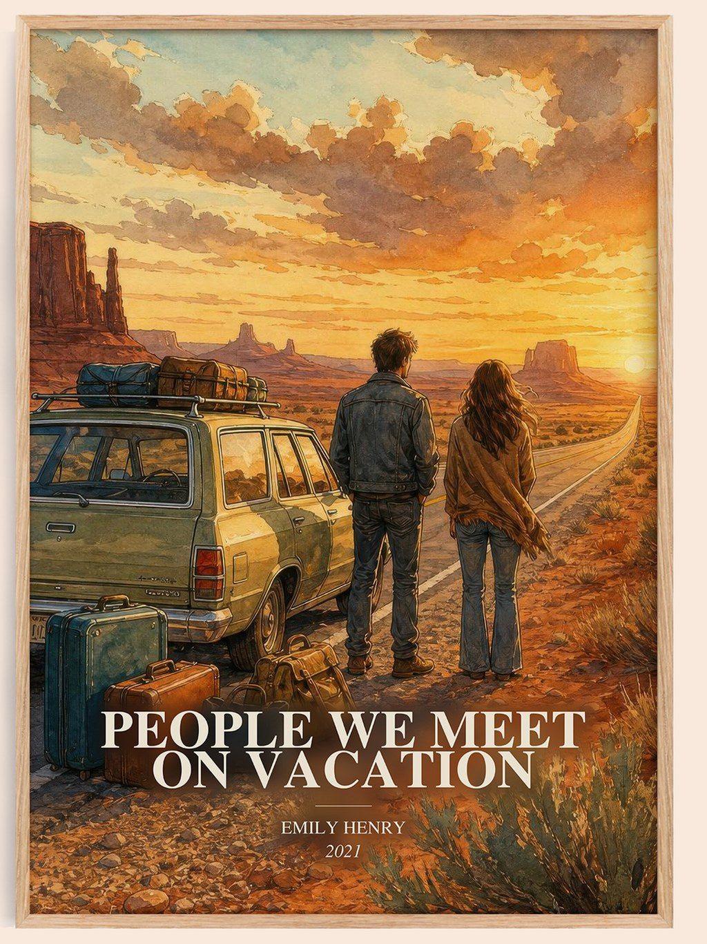 People We Meet on Vacation watercolour book poster by Emily Henry – framed literary art print