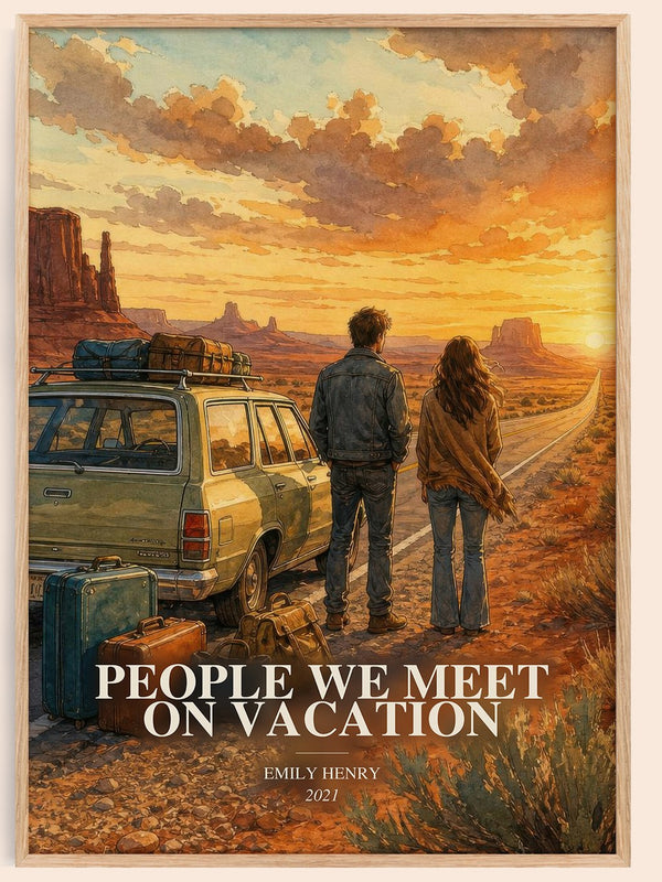 People We Meet on Vacation watercolour book poster by Emily Henry – framed literary art print