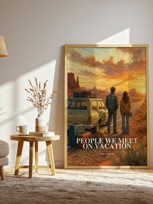 People We Meet on Vacation watercolour print in frame leaning in hallway – romance wall art