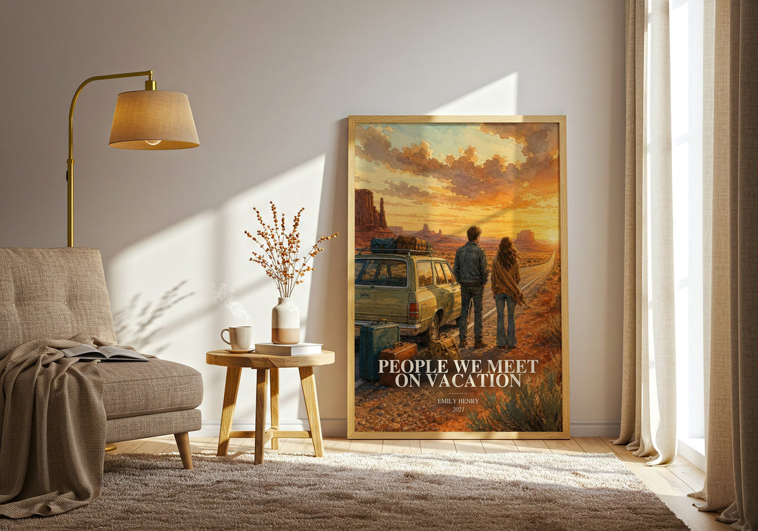 People We Meet on Vacation watercolour print in frame leaning in hallway – romance wall art (mockup)