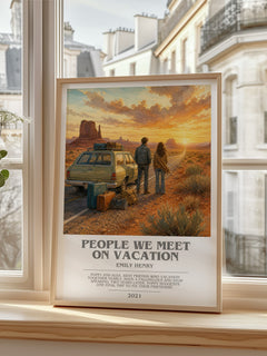 People We Meet on Vacation Bookish Wall Art by Emily Henry – framed print by a bright window