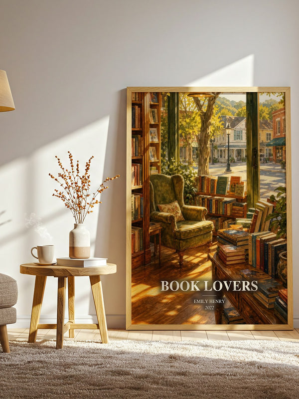 Book Lovers watercolour print in frame leaning in hallway – romance wall art