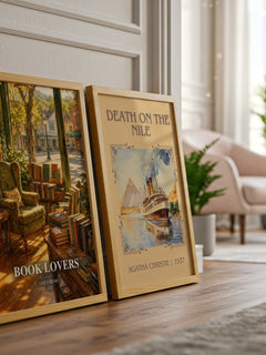 Book Lovers watercolour print framed by window – literary home decor