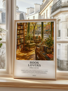 Book Lovers Bookish Wall Art by Emily Henry – framed print by a bright window