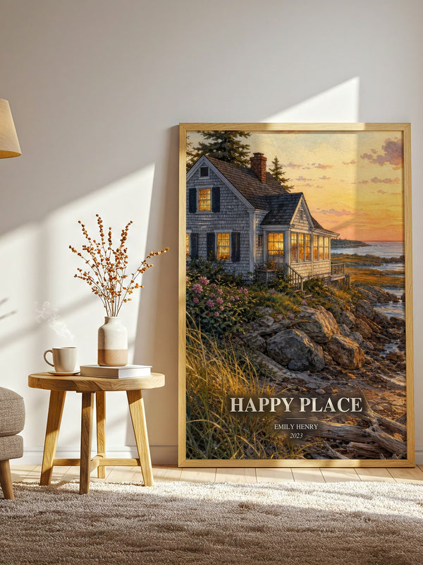 Happy Place watercolour print in frame leaning in hallway – romance wall art
