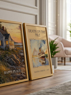 Happy Place watercolour print framed by window – literary home decor