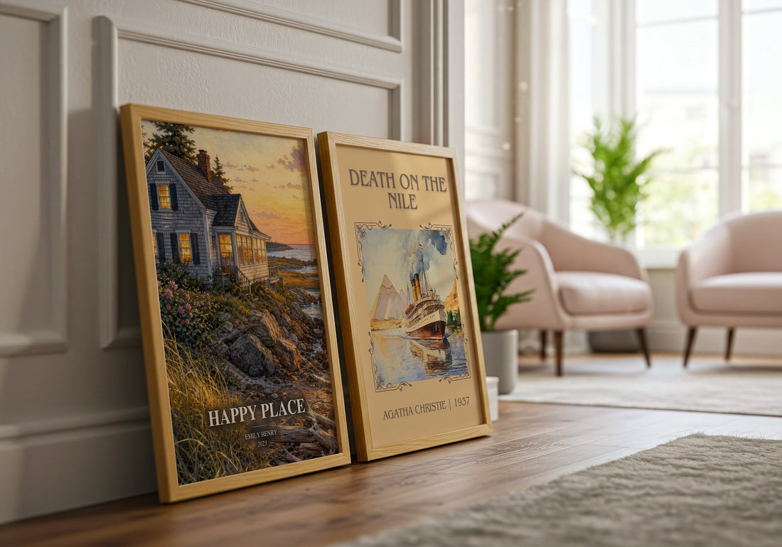 Happy Place watercolour print framed by window – literary home decor