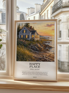 Happy Place Bookish Wall Art by Emily Henry – framed print by a bright window