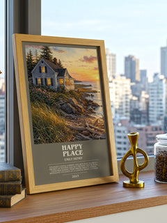 Happy Place Bookish Wall Art by Emily Henry – framed print on a city-view windowsill