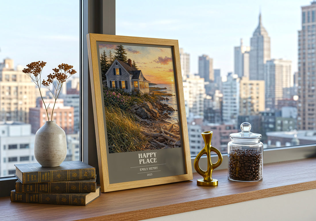 Happy Place book cover print framed by window – literary home decor