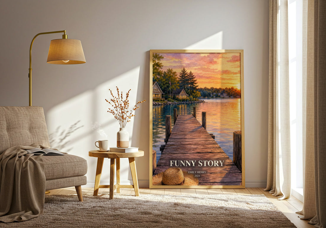 Funny Story watercolour print in frame leaning in hallway – romance wall art (mockup)
