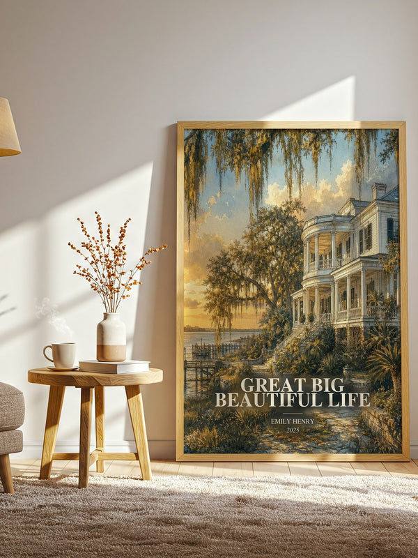 Great Big Beautiful Life watercolour print in frame leaning in hallway – contemporary fiction wall art