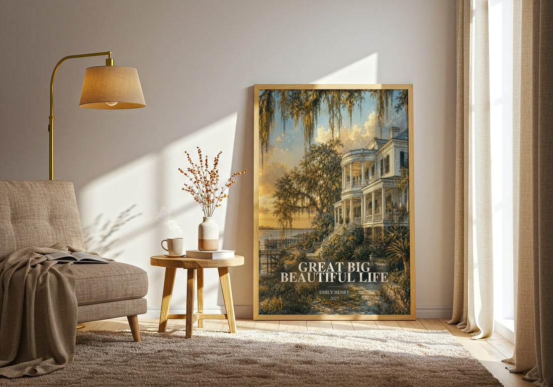 Great Big Beautiful Life watercolour print in frame leaning in hallway – contemporary fiction wall art (mockup)