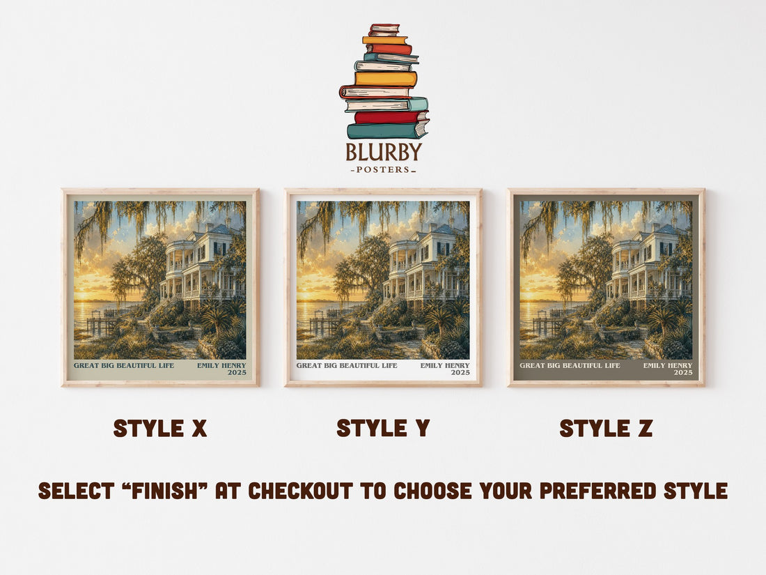Great Big Beautiful Life literary print in frame leaning in hallway – contemporary fiction wall art (mockup)