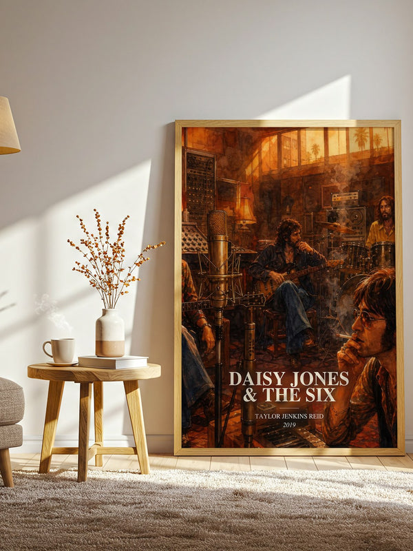 Daisy Jones & The Six watercolour print in frame leaning in hallway – contemporary fiction wall art