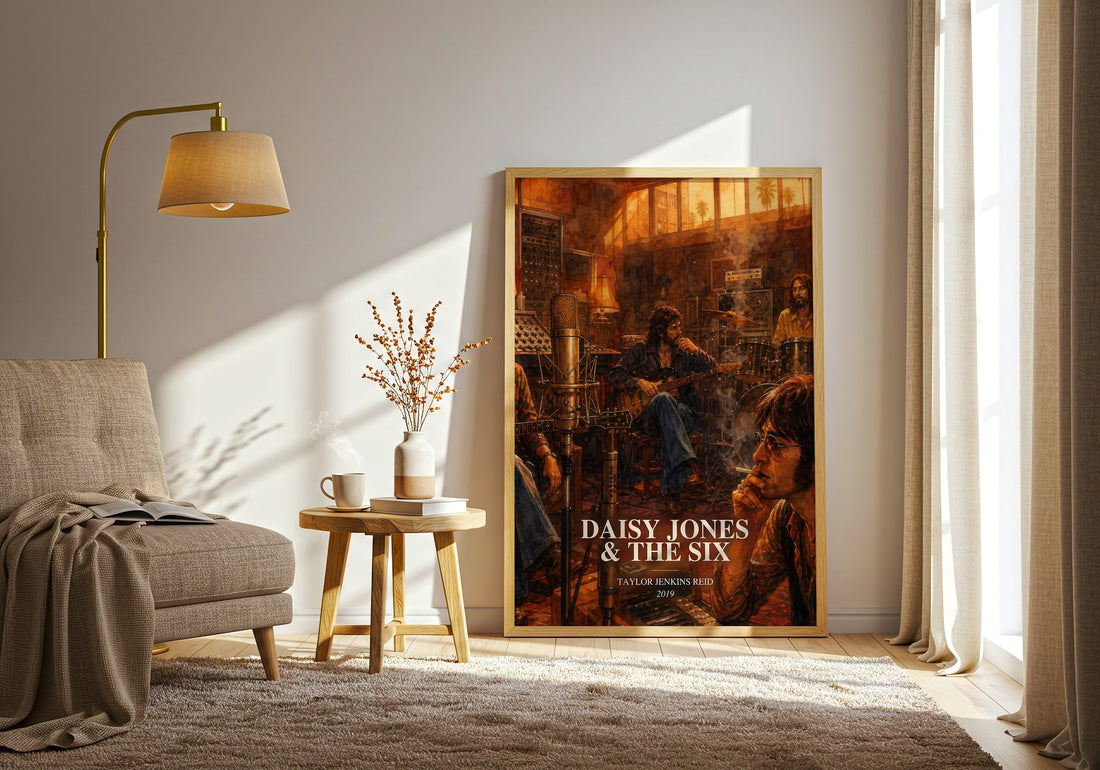 Daisy Jones & The Six watercolour print in frame leaning in hallway – contemporary fiction wall art (mockup)