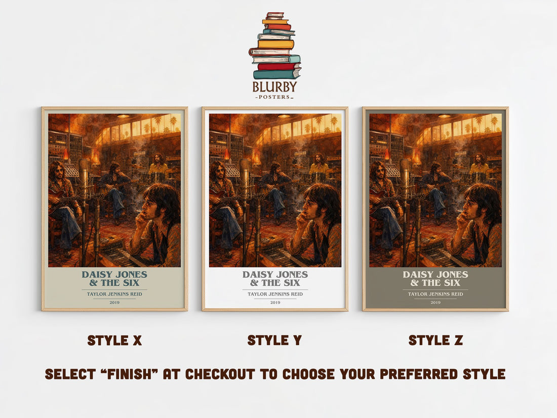 Daisy Jones & The Six book cover print in frame leaning in hallway – contemporary fiction wall art (mockup)