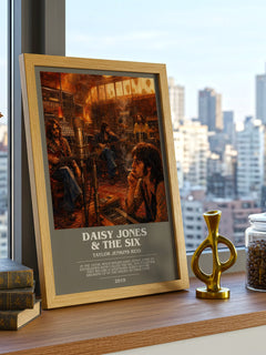 Daisy Jones & The Six Bookish Wall Art by Taylor Jenkins Reid – framed print on a city-view windowsill