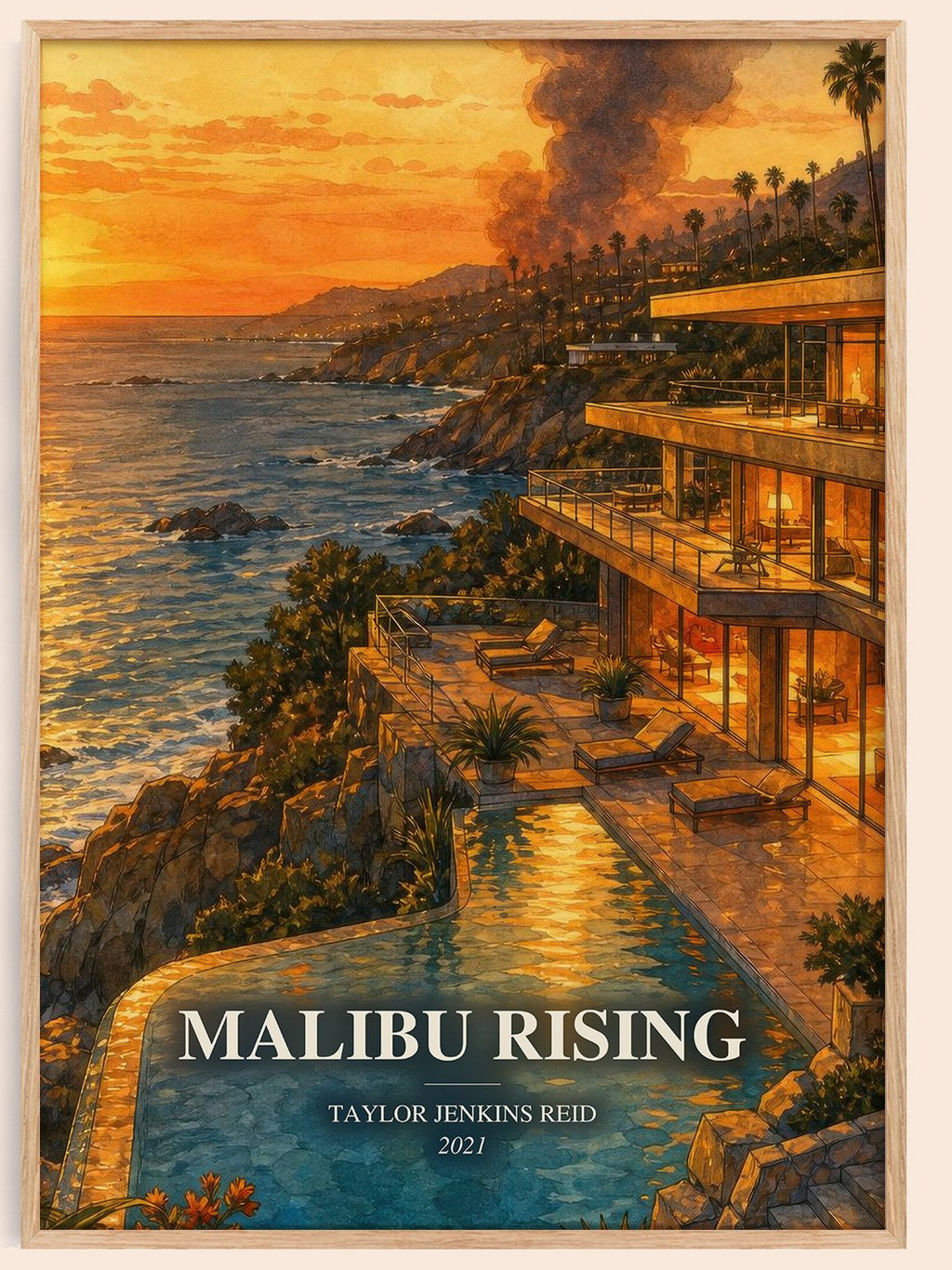Malibu Rising watercolour book poster by Taylor Jenkins Reid – framed literary art print