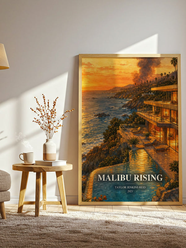 Malibu Rising watercolour print in frame leaning in hallway – contemporary fiction wall art