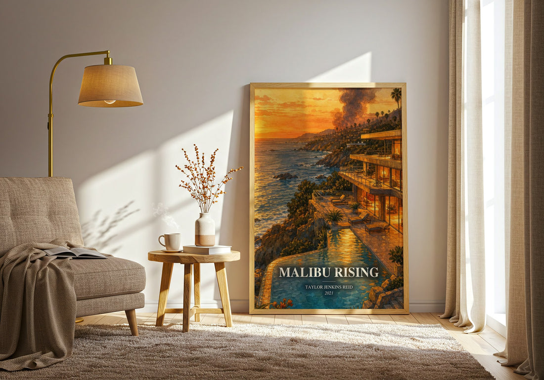 Malibu Rising watercolour print in frame leaning in hallway – contemporary fiction wall art (mockup)