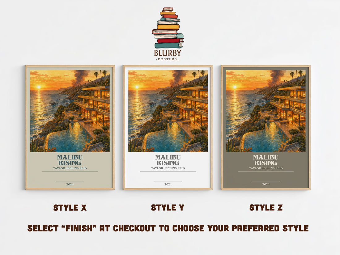 Malibu Rising bookish print in frame leaning in hallway – contemporary fiction wall art (mockup)
