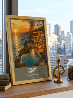 Malibu Rising book cover print framed by window – literary home decor
