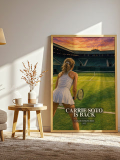 Carrie Soto Is Back watercolour print in frame leaning in hallway – contemporary fiction wall art