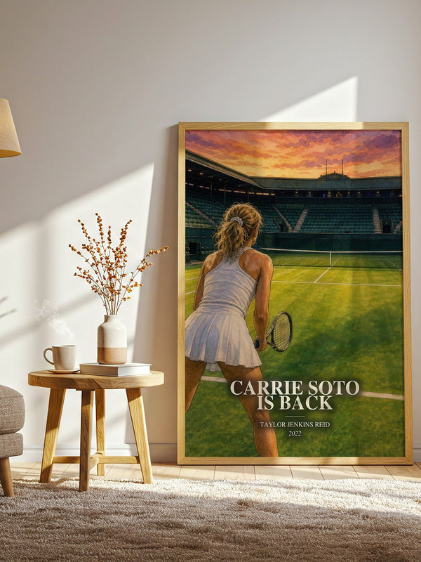 Carrie Soto Is Back watercolour print in frame leaning in hallway – contemporary fiction wall art