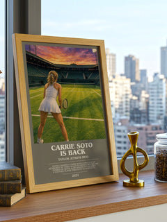 Carrie Soto Is Back Bookish Wall Art by Taylor Jenkins Reid – framed print on a city-view windowsill