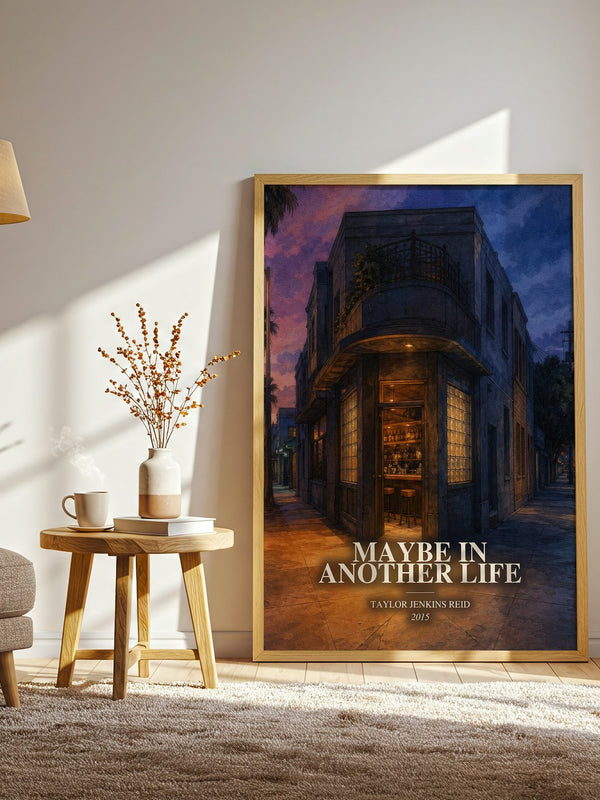 Maybe in Another Life watercolour print in frame leaning in hallway – contemporary fiction wall art