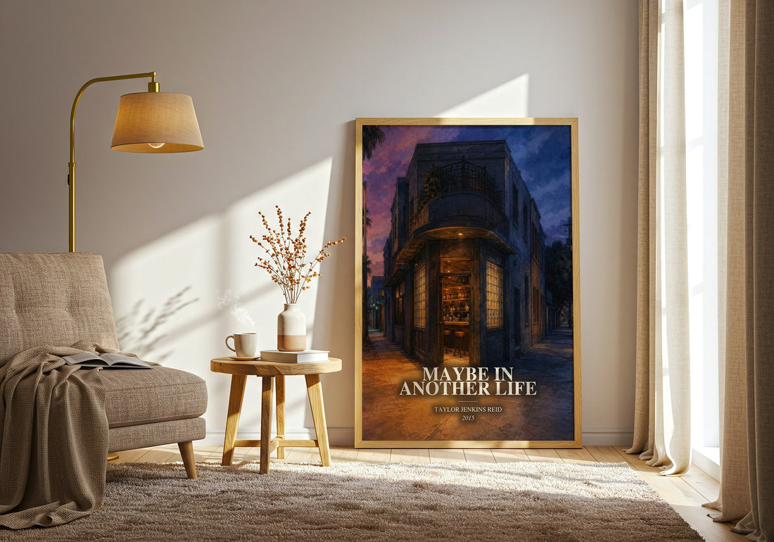 Maybe in Another Life watercolour print in frame leaning in hallway – contemporary fiction wall art (mockup)