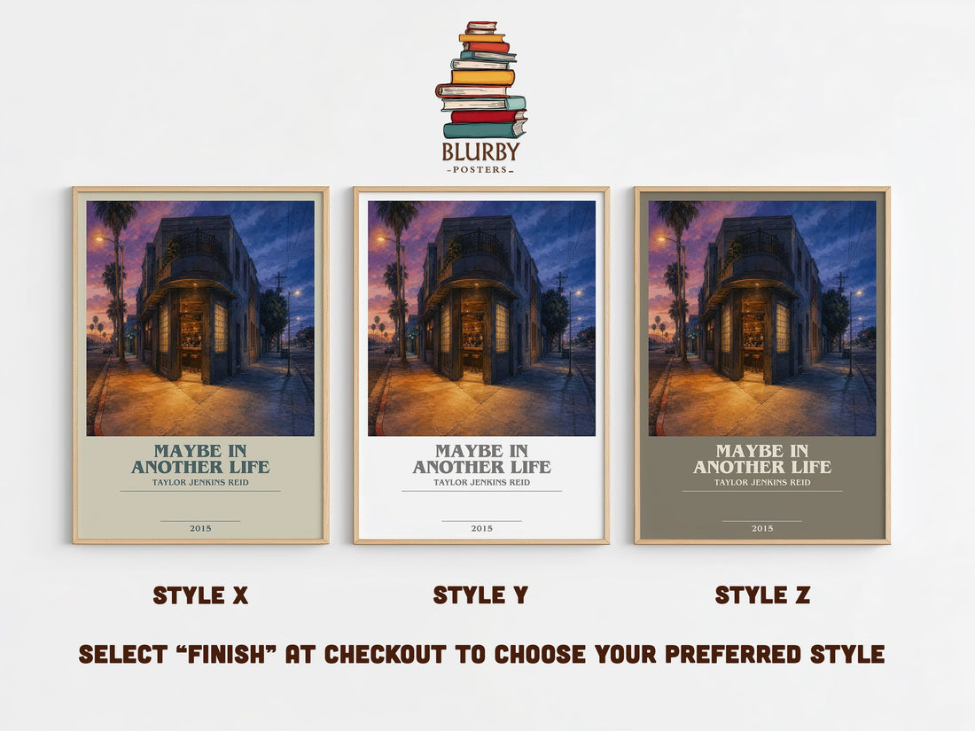 Maybe in Another Life bookish print in frame leaning in hallway – contemporary fiction wall art (mockup)