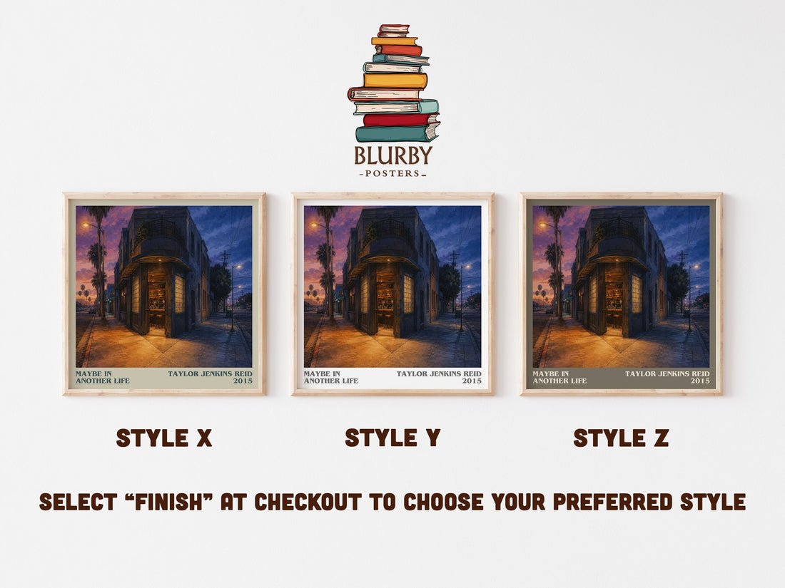 Maybe in Another Life literary print in frame leaning in hallway – contemporary fiction wall art (mockup)