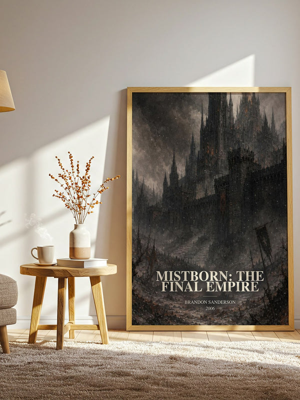 Mistborn: The Final Empire watercolour print in frame leaning in hallway – fantasy wall art