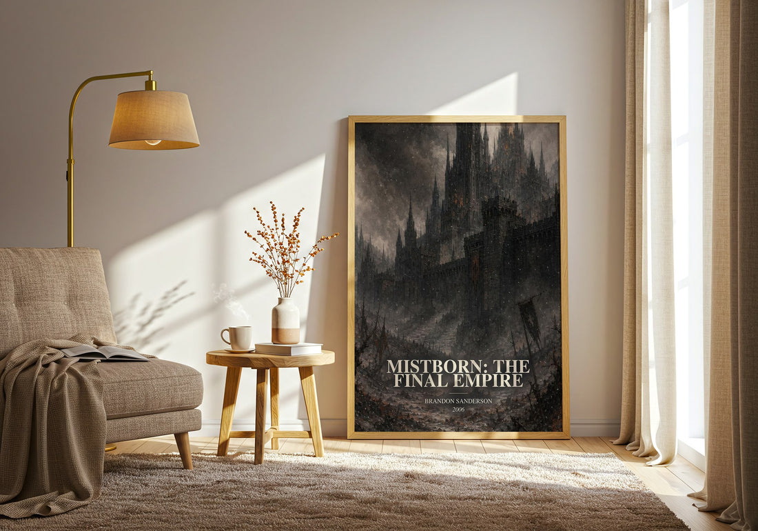 Mistborn: The Final Empire watercolour print in frame leaning in hallway – fantasy wall art (mockup)