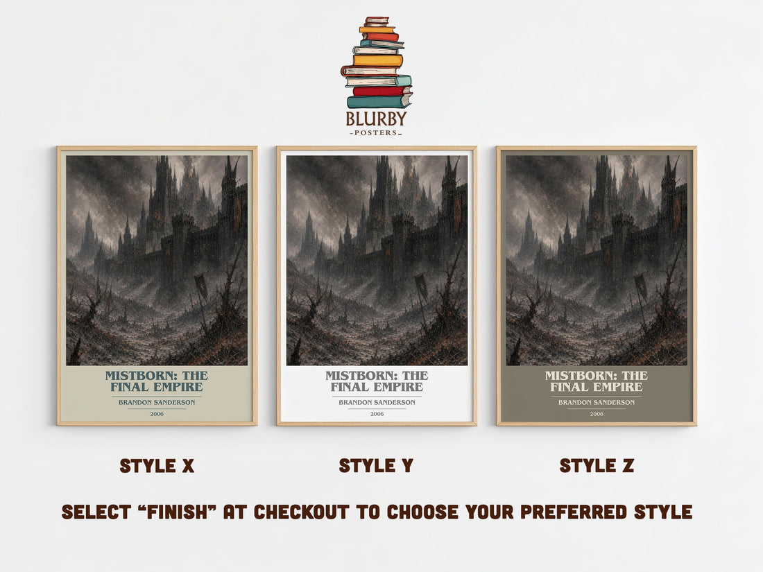 Mistborn: The Final Empire book cover print in frame leaning in hallway – fantasy wall art (mockup)