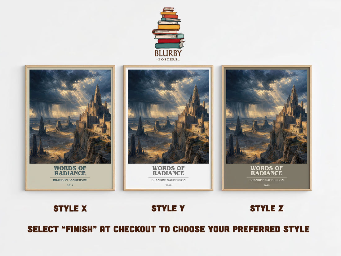 Words of Radiance book cover print in frame leaning in hallway – fantasy wall art (mockup)