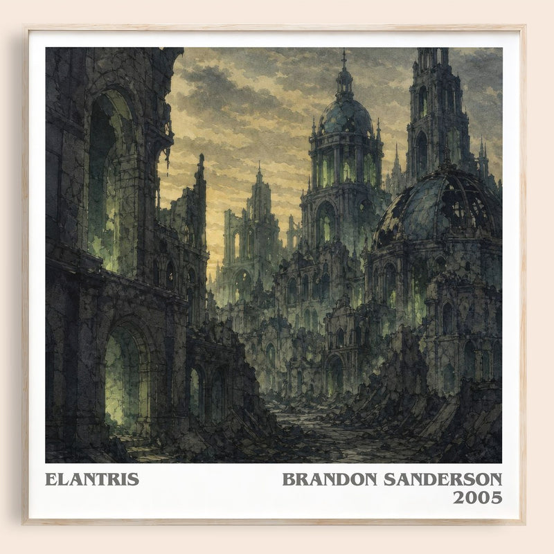 Elantris literary book poster by Brandon Sanderson – framed literary art print