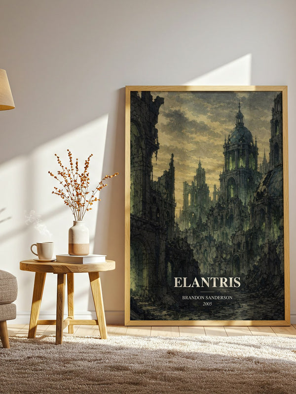 Elantris watercolour print in frame leaning in hallway – fantasy wall art