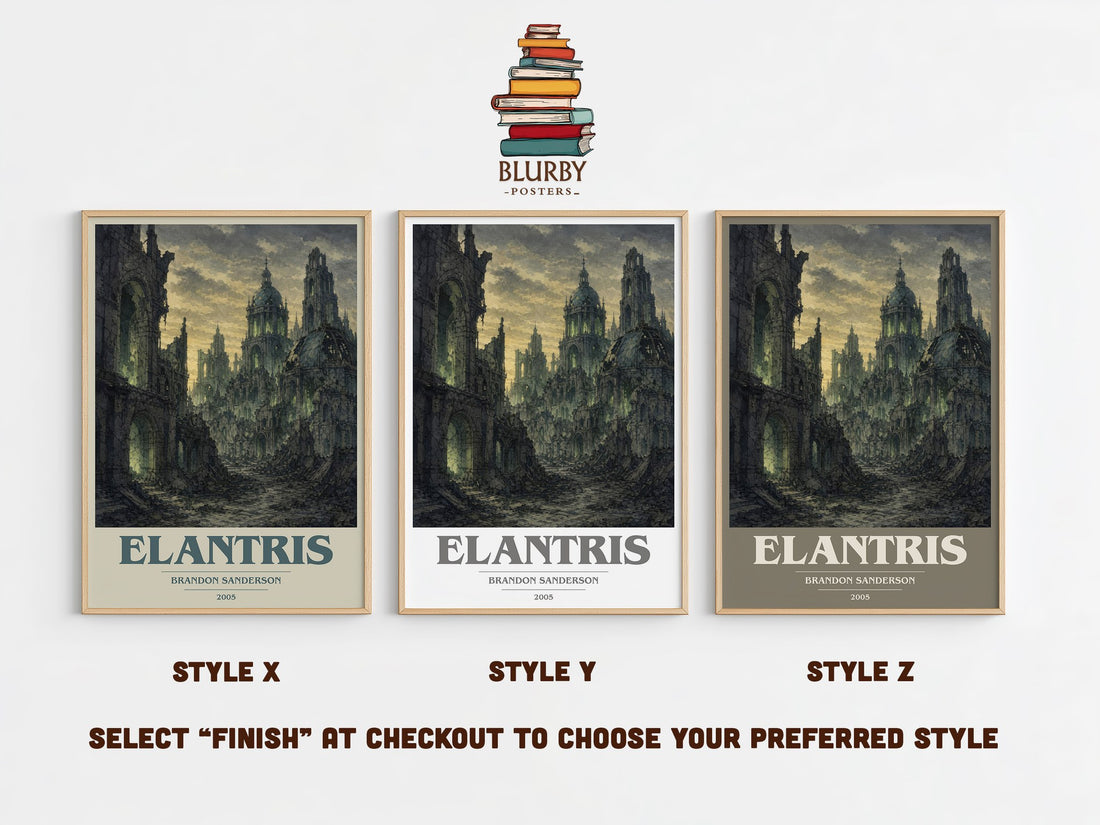 Elantris book cover print in frame leaning in hallway – fantasy wall art (mockup)