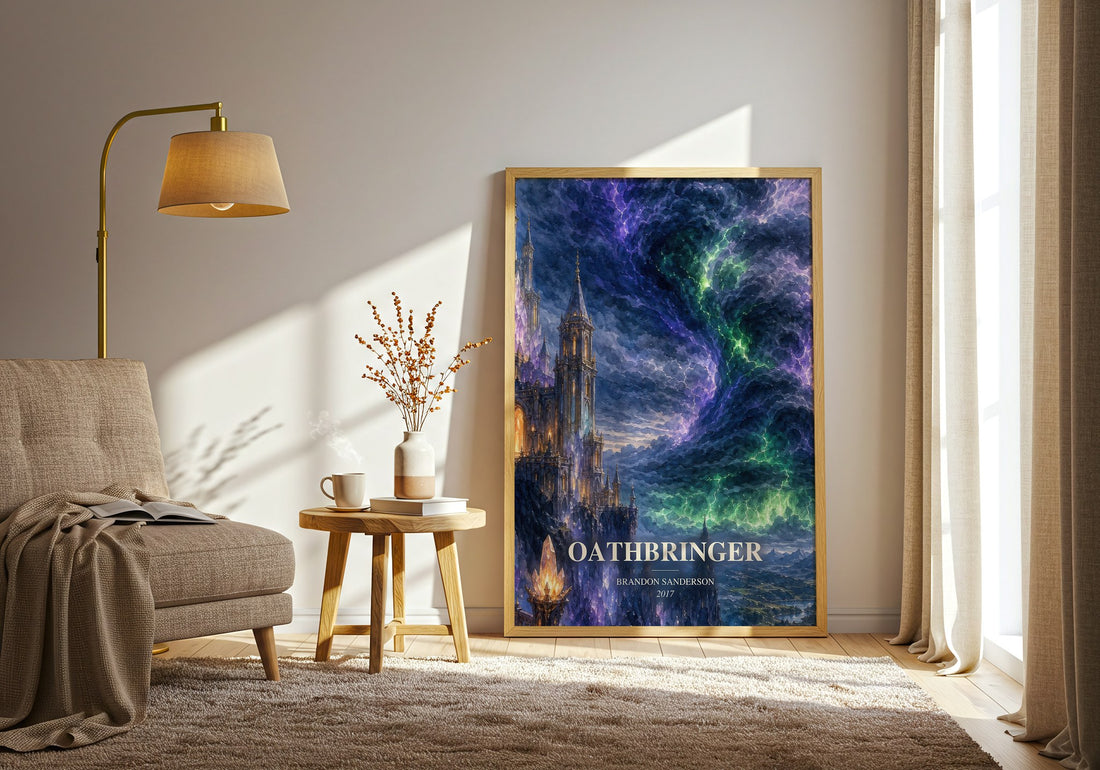Oathbringer watercolour print in frame leaning in hallway – fantasy wall art (mockup)