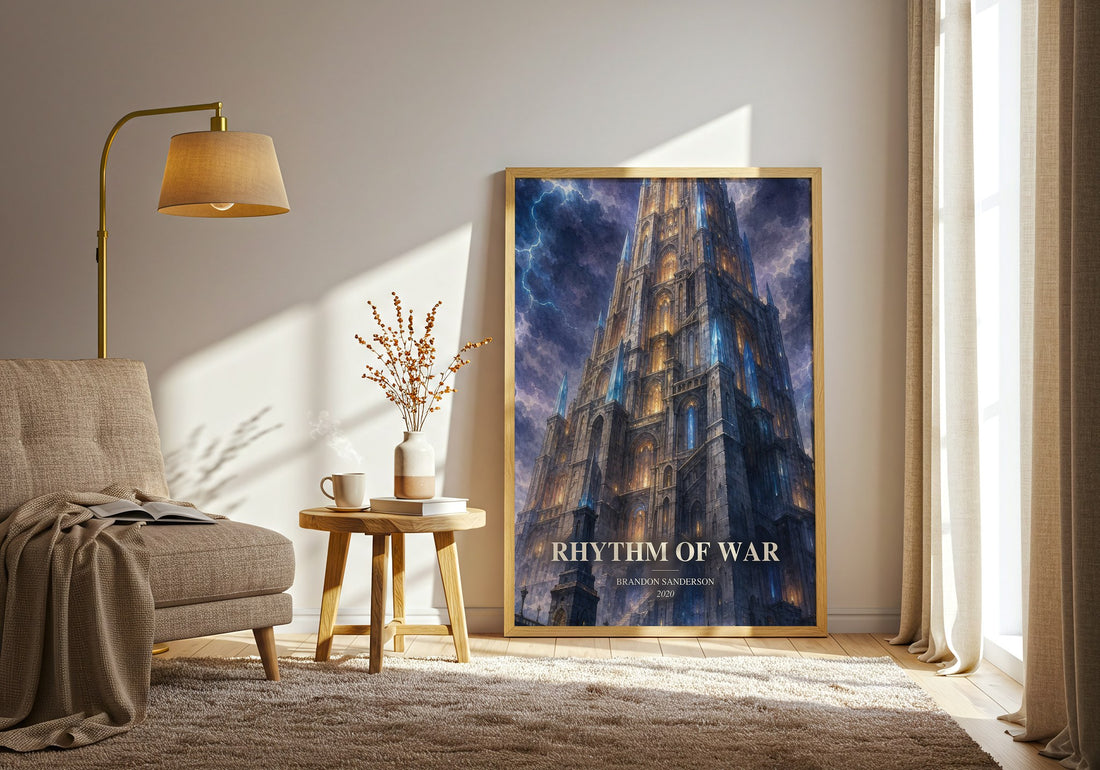Rhythm of War watercolour print in frame leaning in hallway – fantasy wall art (mockup)