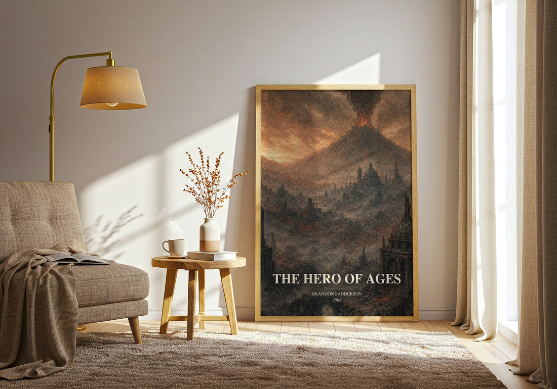 The Hero of Ages watercolour print in frame leaning in hallway – fantasy wall art (mockup)