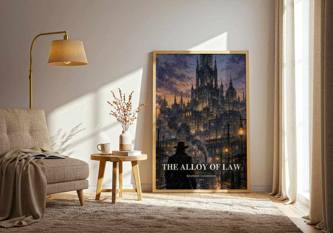 The Alloy of Law watercolour print in frame leaning in hallway – fantasy wall art (mockup)