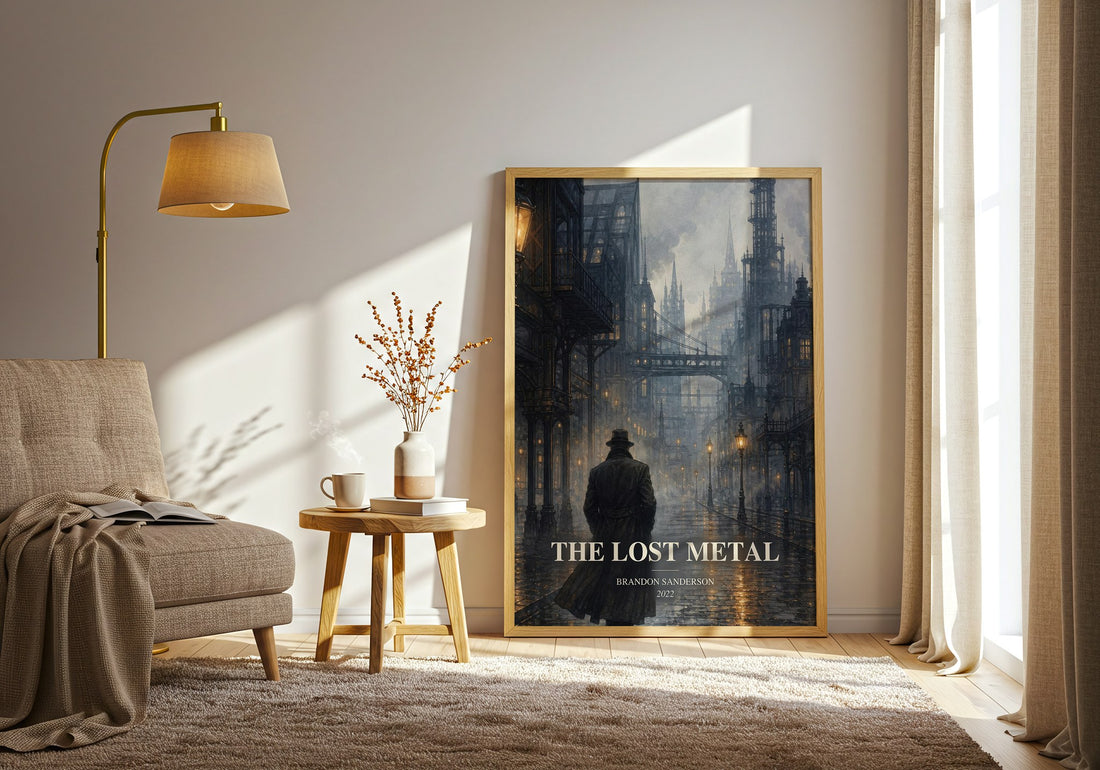 The Lost Metal watercolour print in frame leaning in hallway – fantasy wall art (mockup)