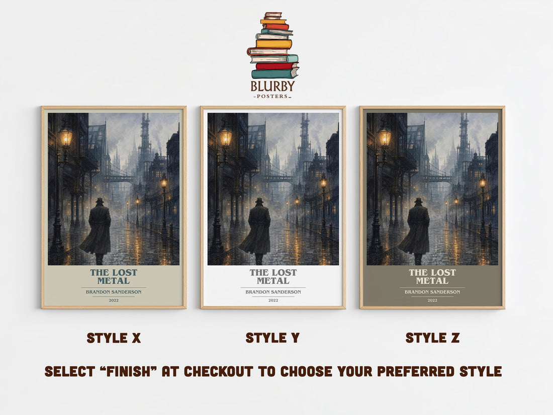 The Lost Metal book cover print in frame leaning in hallway – fantasy wall art (mockup)