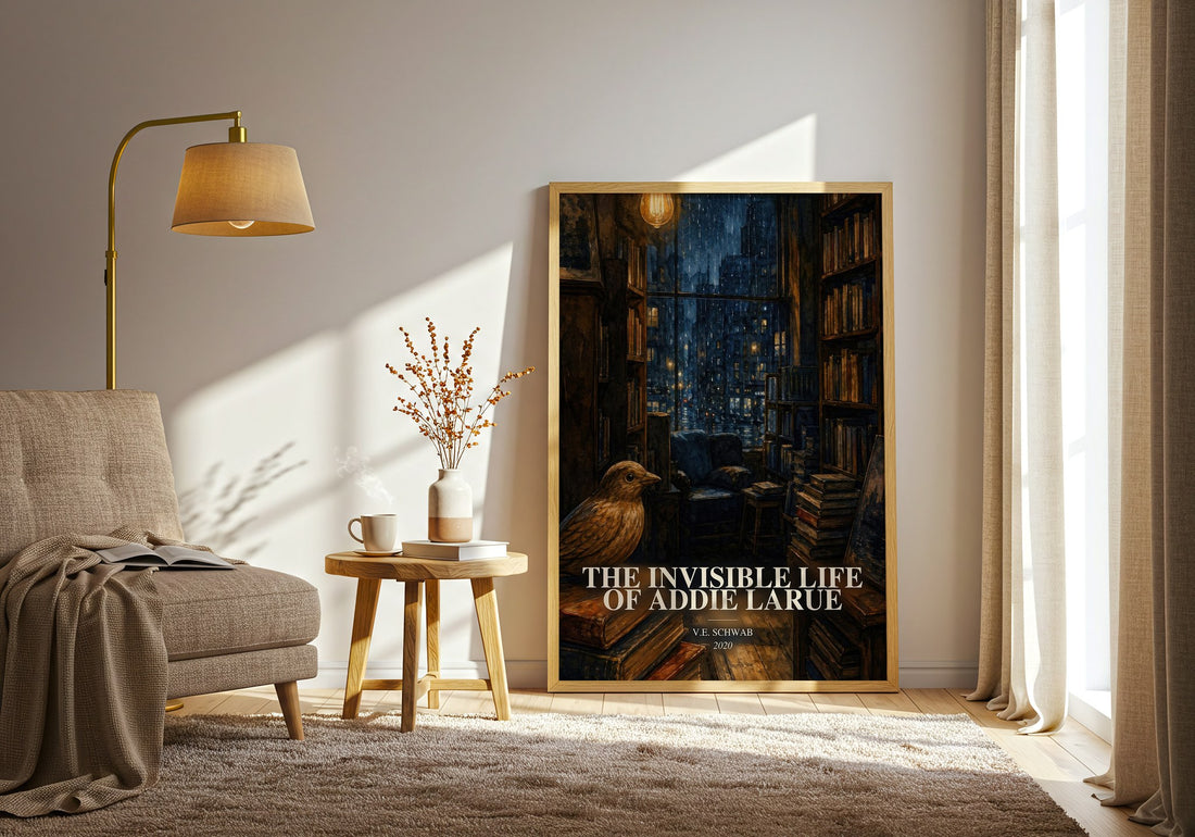 The Invisible Life of Addie LaRue watercolour print in frame leaning in hallway – fantasy wall art (mockup)